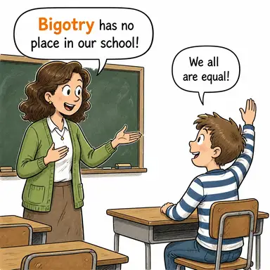 bigotry (yobazlık, bağnazlık, tahammülsüzlük) karikatürü — diyalogla bağlam içinde öğren