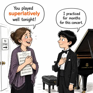 superlatively (en üstün derecede, fevkalade) karikatürü — diyalogla bağlam içinde öğren