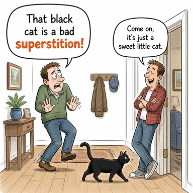 superstition (batıl inanç, hurafe) karikatürü — diyalogla bağlam içinde öğren
