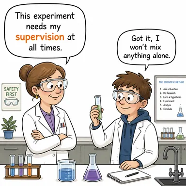 supervision (denetim, gözetim) karikatürü — diyalogla bağlam içinde öğren