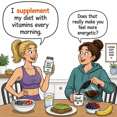 supplement (ilave etmek, tamamlamak, takviye etmek) karikatürü — diyalogla bağlam içinde öğren
