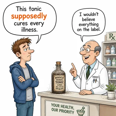 supposedly (sözde, güya, iddia edildiğine göre) karikatürü — diyalogla bağlam içinde öğren