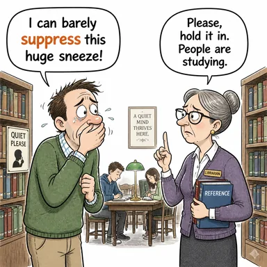 suppress (bastırmak, durdurmak, gizlemek) karikatürü — diyalogla bağlam içinde öğren