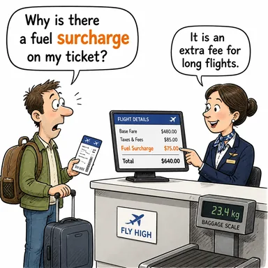 surcharge (ek ücret, ilave vergi) karikatürü — diyalogla bağlam içinde öğren