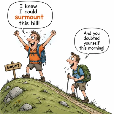 surmount (üstesinden gelmek, aşmak) karikatürü — diyalogla bağlam içinde öğren