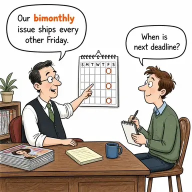 bimonthly (iki ayda bir (veya ayda iki kez)) karikatürü — diyalogla bağlam içinde öğren