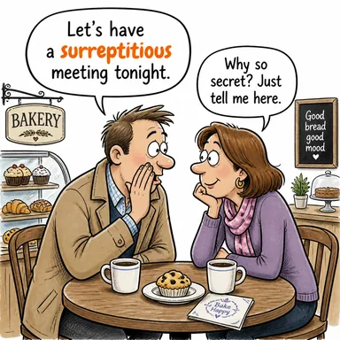 surreptitious (gizli, el altından yapılan) karikatürü — diyalogla bağlam içinde öğren