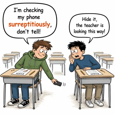 surreptitiously (gizlice, hissettirmeden) karikatürü — diyalogla bağlam içinde öğren