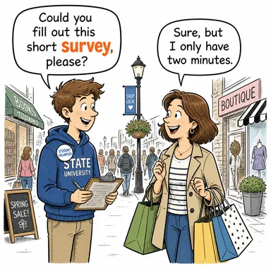 survey (anket, inceleme, araştırma) karikatürü — diyalogla bağlam içinde öğren