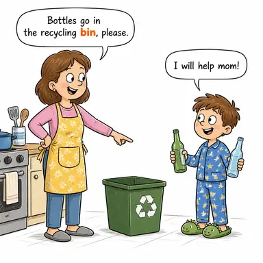 bin (kutu, çöp kutusu, hazne) karikatürü — diyalogla bağlam içinde öğren