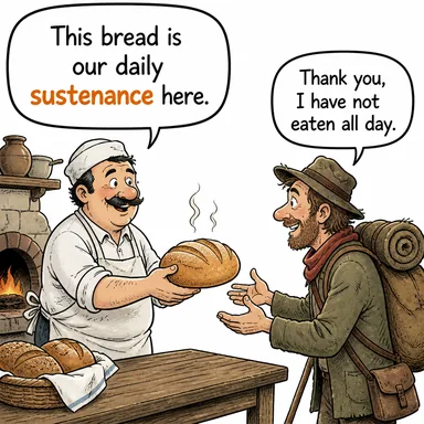 sustenance (gıda, besin, geçim kaynağı) karikatürü — diyalogla bağlam içinde öğren