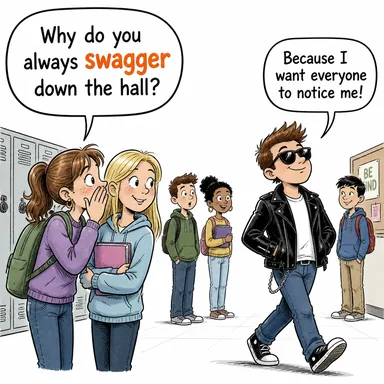 swagger (böbürlenerek yürümek, caka satmak) karikatürü — diyalogla bağlam içinde öğren