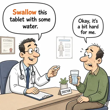 swallow (yutmak, (sözünü) yutmak, kabullenmek) karikatürü — diyalogla bağlam içinde öğren