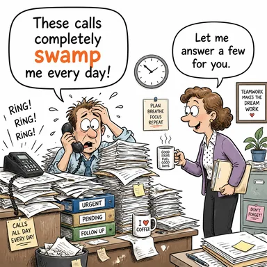 swamp (yağdırmak, (işe/talebe) boğmak) karikatürü — diyalogla bağlam içinde öğren