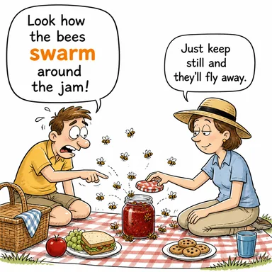 swarm (üşüşmek, sürü halinde hareket etmek) karikatürü — diyalogla bağlam içinde öğren