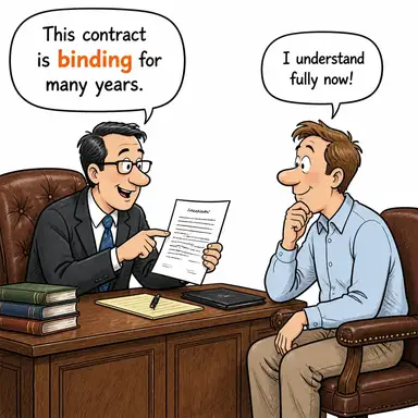 binding (bağlayıcı, zorunlu) karikatürü — diyalogla bağlam içinde öğren