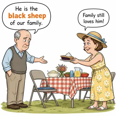 black sheep (yüz karası, dışlanmış kişi) karikatürü — diyalogla bağlam içinde öğren