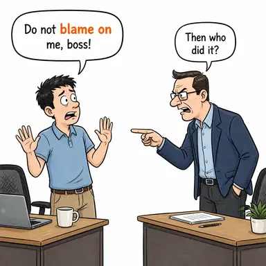 blame on (suçu (birine) atmak, sorumlu tutmak) karikatürü — diyalogla bağlam içinde öğren