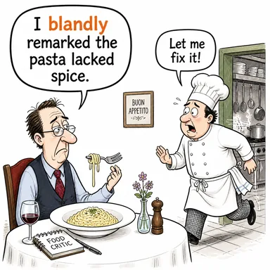 blandly (yavan bir şekilde, ilgisizce, sıradan) karikatürü — diyalogla bağlam içinde öğren