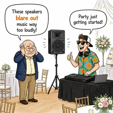blare out (bangır bangır çalmak, yüksek ses çıkarmak) karikatürü — diyalogla bağlam içinde öğren