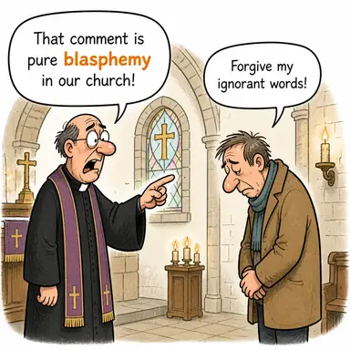 blasphemy (dine hakaret, küfür, kutsal değerlere saygısızlık) karikatürü — diyalogla bağlam içinde öğren