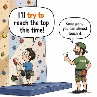 try to (çabalamak, denemek, gayret etmek) karikatürü — diyalogla bağlam içinde öğren