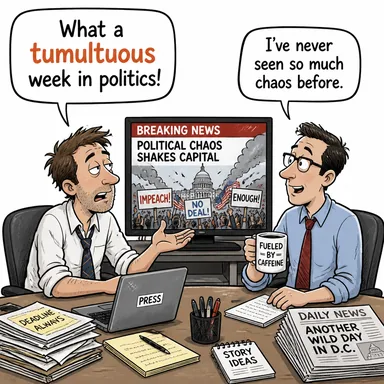 tumultuous (çalkantılı, gürültülü, fırtınalı (olay/dönem)) karikatürü — diyalogla bağlam içinde öğren