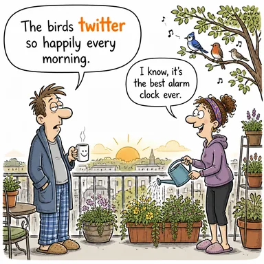 twitter (cıvıldamak (kuş), heyecanla konuşmak) karikatürü — diyalogla bağlam içinde öğren