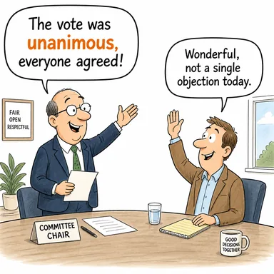 unanimous (oybirliğiyle alınmış, hemfikir) karikatürü — diyalogla bağlam içinde öğren