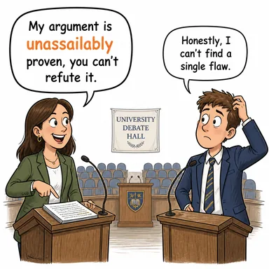 unassailably (tartışılmaz bir şekilde, itiraz edilemez biçimde) karikatürü — diyalogla bağlam içinde öğren