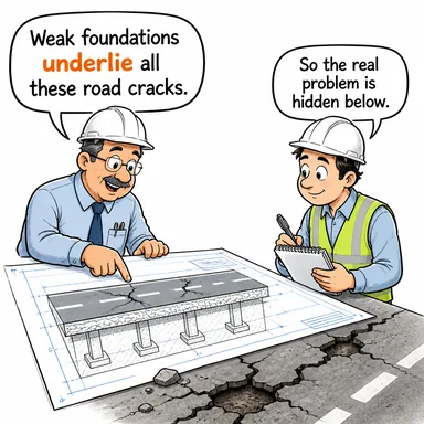 underlie (altında yatmak, temelini oluşturmak) karikatürü — diyalogla bağlam içinde öğren