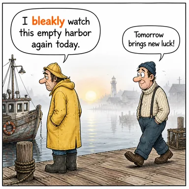 bleakly (umutsuzca, kasvetli bir şekilde) karikatürü — diyalogla bağlam içinde öğren