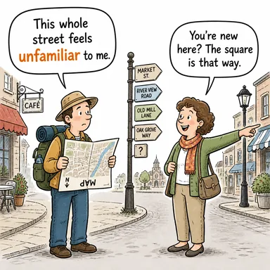 unfamiliar (tanıdık olmayan, yabancı, alışılmadık) karikatürü — diyalogla bağlam içinde öğren