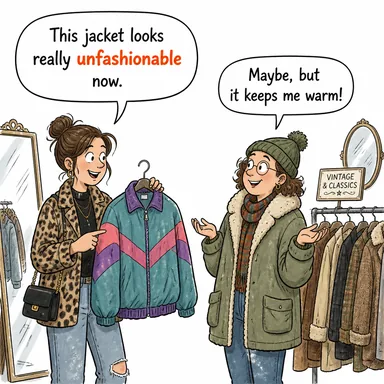 unfashionable (modası geçmiş, demode) karikatürü — diyalogla bağlam içinde öğren