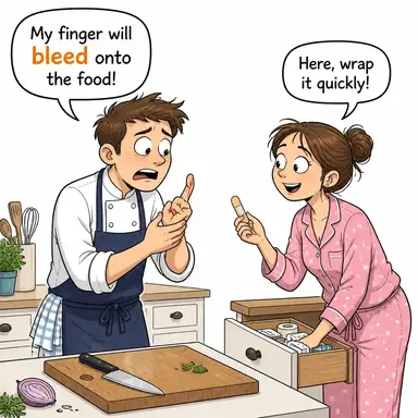 bleed (kanamak, (para vb.) sızdırmak) karikatürü — diyalogla bağlam içinde öğren