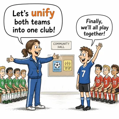 unify (birleştirmek, bütünleştirmek) karikatürü — diyalogla bağlam içinde öğren