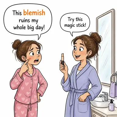 blemish (lekelemek, bozmak, kusur) karikatürü — diyalogla bağlam içinde öğren