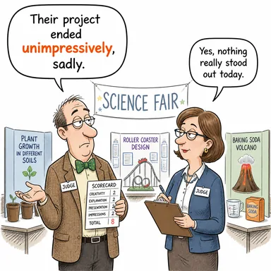 unimpressively (etkileyici olmayan bir şekilde, sönükçe) karikatürü — diyalogla bağlam içinde öğren