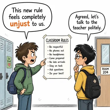 unjust (adaletsiz, haksız) karikatürü — diyalogla bağlam içinde öğren