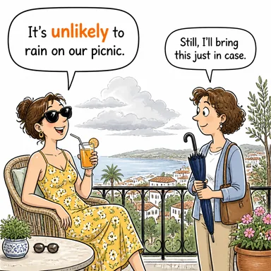 unlikely (olasılığı düşük, pek muhtemel olmayan) karikatürü — diyalogla bağlam içinde öğren