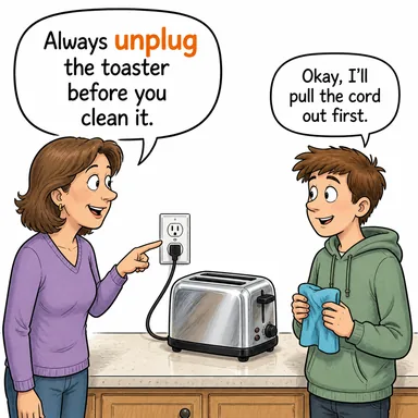 unplug (fişten çekmek, prizden çıkarmak) karikatürü — diyalogla bağlam içinde öğren