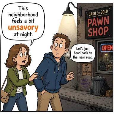 unsavory (hoş olmayan, ahlaka aykırı, tatsız) karikatürü — diyalogla bağlam içinde öğren