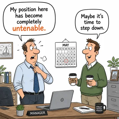 untenable (savunulamaz, sürdürülemez (tez/durum)) karikatürü — diyalogla bağlam içinde öğren