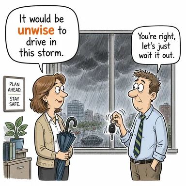 unwise (akılsızca, mantıksız, sakıncalı) karikatürü — diyalogla bağlam içinde öğren