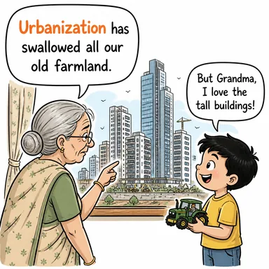 urbanization (kentleşme, şehirleşme) karikatürü — diyalogla bağlam içinde öğren