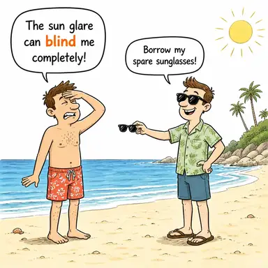 blind (kör etmek, görmesini engellemek) karikatürü — diyalogla bağlam içinde öğren