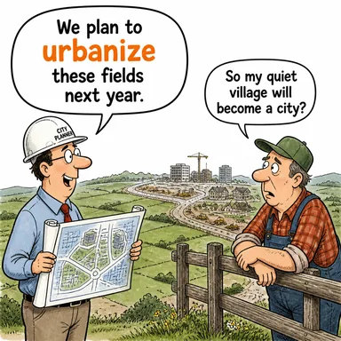urbanize (kentleşmek, kentleştirmek, şehirleşmek) karikatürü — diyalogla bağlam içinde öğren