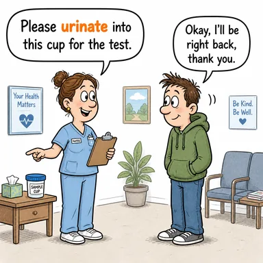 urinate (idrar yapmak, işemek) karikatürü — diyalogla bağlam içinde öğren