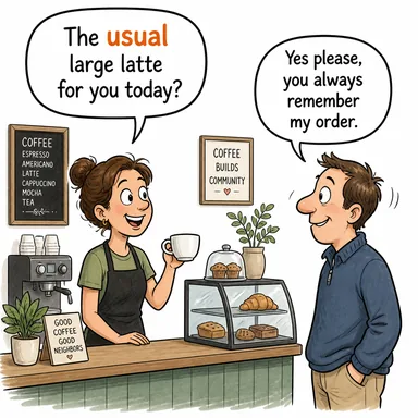 usual (olağan, alışılagelen, normal) karikatürü — diyalogla bağlam içinde öğren