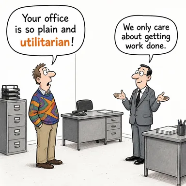 utilitarian (faydacı, işlevsel, pratik) karikatürü — diyalogla bağlam içinde öğren